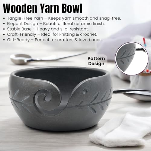 Wooden Yarn Bowl for Knitting & Crochet – Handmade Antique Finish Yarn Holder with Swirl Cut & Leaf Engraving | Non-Slip Weighted Base | Tangle-Free Craft Organizer Gift for Knitters & Crocheters - color: Slate Gray, size: 6" x 6" x 3"