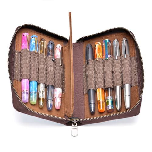 Fountain Pen Leather Pen Case 10 Divided Slots, Rollerball Pen Holder Handmade Display Organizer Zippered Pouch - color: Coffee
