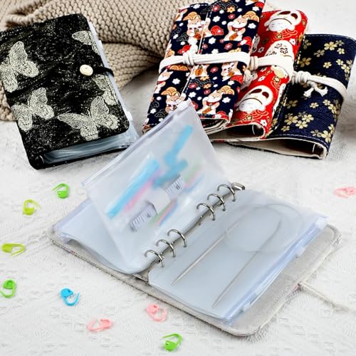 Knitting Needle Case, needle storage case with Detachable 6 Hole PVC Binder Pocket for Knittings Yarn Craft Tool Storage knitting needles organizer - color: black golden butterf