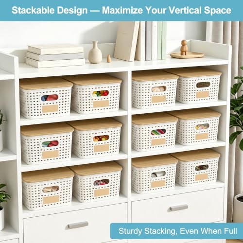 Bagnizer Small Plastic Storage Bins with Bamboo Lids 5.2qt Stackable Box Basket Pantry Decorative Containers Cute with Labels for Organizing Desktop Closet Office Cream White of 6 packs 10*7.2*4.1" - color: Cream White, size: Small- 6 Pack