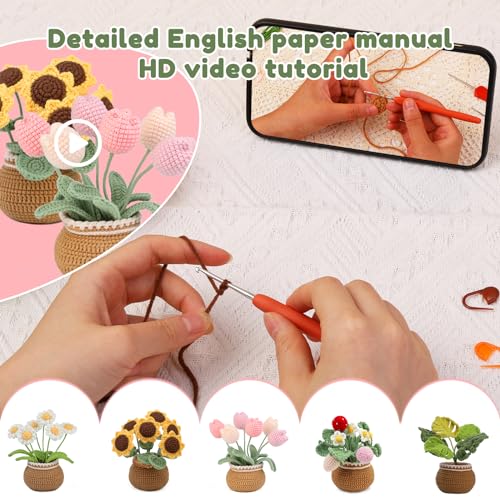 Crochet Kit, Tulip and Sunflower Crochet Kit for Beginners, Knitting Kit | Beginner Crochet Kit, Crochet Flower Kit with Step-By-Step Video Tutorials, Beginner Crochet Kit for Adults - color: Sunflower&Tulip