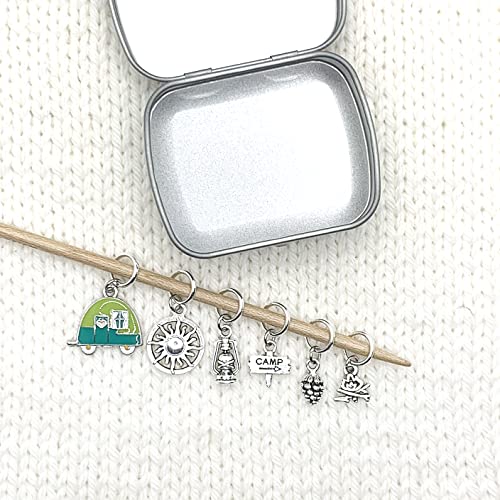 Go Camping Knitting Stitch Markers with Storage Tin | Ring Style Closed Rings | Camping Theme | Gift for Knitters & Yarn Lovers | Handmade by Pretty Warm Designs