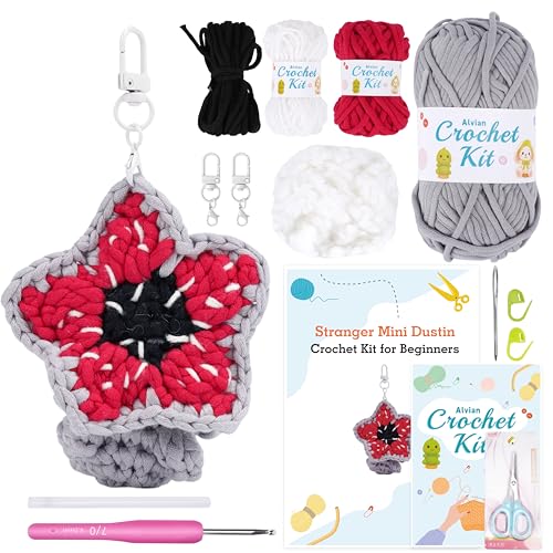 Alvian Mini Monster Crochet Beginner Kit - Amigurumi Demogorgon Keychain Craft Set Complete with Yarn, Tools & Step-by-Step Video Tutorial - color: Gray Genuine Yarn