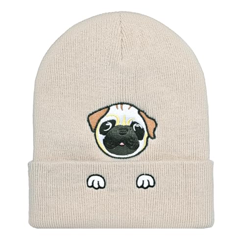 Personality Animal Head Embroidery Knit Beanie Hat for Adult and Big Kids Winter Warm Skull Cuffed Hats - color: Dog 2-beige