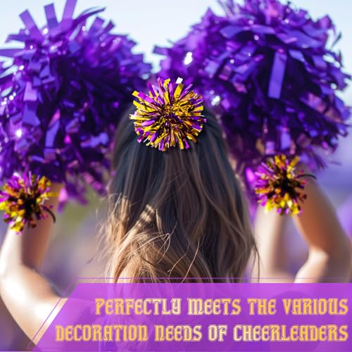 Shappy Mini Pompom Hair Tie 4inch Cheerleading Ponytail Holder | Team Spirit Design, Elastic Hair Ropes, Compact Cheer Accessories for Football Games, Dance Events and Party Favors - color: Purple Gold