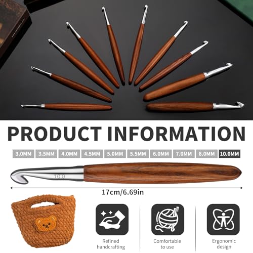 Lunarm Crochet Hook 10.0mm Ergonomic Crochet Aluminum Hook Wood Handle | Available in 3mm-10mm for Arthritic Hands DIY Craft Knitting Bouquets, Blankets, Hats, Gloves from Various Yarns - size: 10.0mm