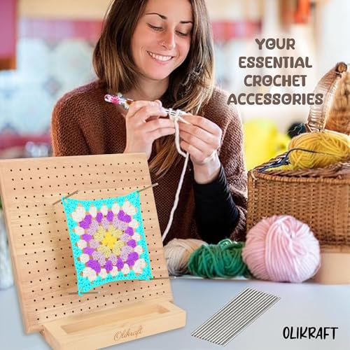 Olikraft Granny Square Blocking Board (9.5 Inch, 15 Pins, Stand) | Durable rubberwood build, evenly spaced 0.5 inch holes for perfect tension, secure hold from rust-resistant stainless steel - size: 9.5 inches, style: Standard - 15 pins