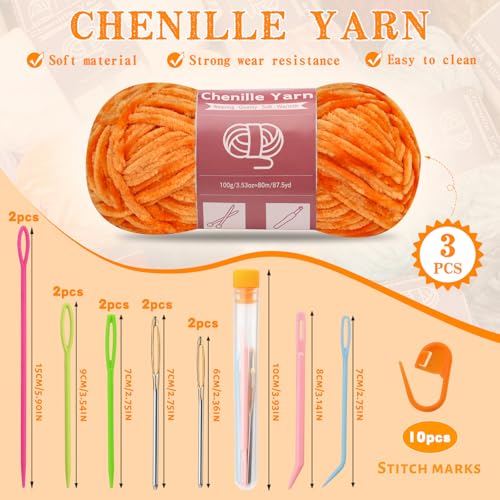 LUNARM Chenille Yarn 3 Pack 3.5oz Chunky Blanket Velvet Yarn 263 Yard | Orange Chunky Chenille Yarn for Beginners Crocheting Hand Knitting Scarves with Big Eye Needles Machine Washable - color: Orange