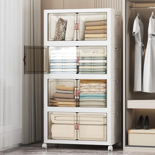 UAMFURI Stackable Storage Bins, 448QT Collapsible Drawers with Lid & Wheels | Large Capacity, Magnetic Door, Stack Lock, Rolling Casters, Foldable Design, Organizers and Storage for Bedroom Dorm Garage - color: White-112qt, size: 4Pack with 1 top lid