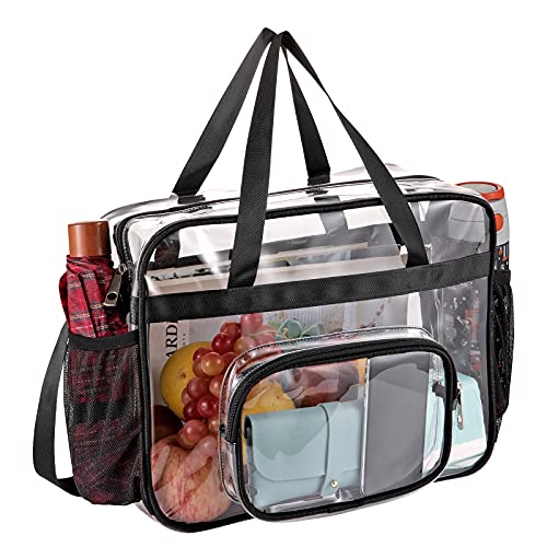 Clear Bags Stadium Approved,See Through Tote Bag+Shoulder Strap Large Transparent Bag - color: Large Size Black