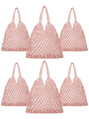 Aliceset 6 Pcs Bachelorette Beach Bags Macrame Tote Bags Crochet Beach Bag for Women Bridesmaid Travel Gifts - color: Pink, style: Classic