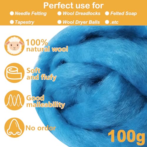 Sky Blue Roving Wool,3.5oz Felting Wool, Soft Wool Batting for DIY Crafts, NeedleFelting Projects, and Artwork - color: Sky blue