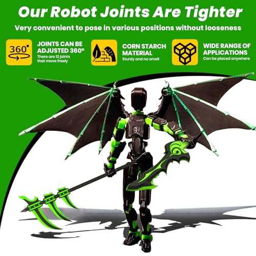 (Assembly Completed) T13 Action Figure Set,Dummy 13,Articulated Robot with Demon Wings, Titan 13 Robot,Mision 13,t13 Action Figure Accessories(Green Black) - color: Green Black