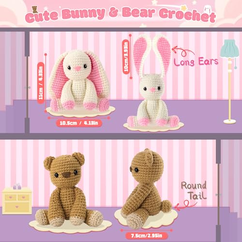 Bunny and Bear Crochet Kit for Beginners 2PCS Crochet Starter Kit for Adult | Beginner Crochet Kit with Step-by-Step Video Tutorials, Bunny Crocheting Kit, Animal Knitting Kit for Birthday - color: Pink Rabbit Brown Bear