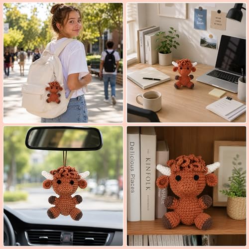 HOUSE CREATIVITY Crochet Kit for Beginners, Make a Highland Cow, Amigurumi Starter Kit with Step-by-Step Video Tutorial, Yarn, Hook & Stuffing, Stress Relief DIY Craft Gift for Adults - color: Cow