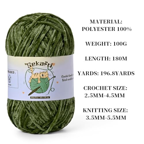 Fuzzy Chenille Yarn for Crocheting, Fluffy Amigurumi Crochet Yarn for DIY Craft/Hat/Shoes, (100g/197yds) Soft Velvet Baby Blanket Yarns（Army Green） - color: Army Green