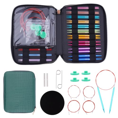 WAZAIGUR Aluminum Smooth Interchangeable Circular Knitting Needles Set | Work for Various Knitting Projects, Green Case, 4inch/10cm Needle, Sizes 3mm- 10mm, US Size 2.5- 15, 13 Pairs, 4 Cables - color: Multicolor
