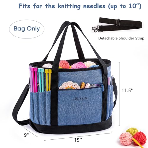 Canvas Yarn Storage Organizer Bag Washable Crochet Bag with Pockets for Yarn, Hooks, Needles – Travel Knitting Tote for Crafters – Gift for Crocheters & Knitters (Medium/Large) - color: Denim, size: Large-15”