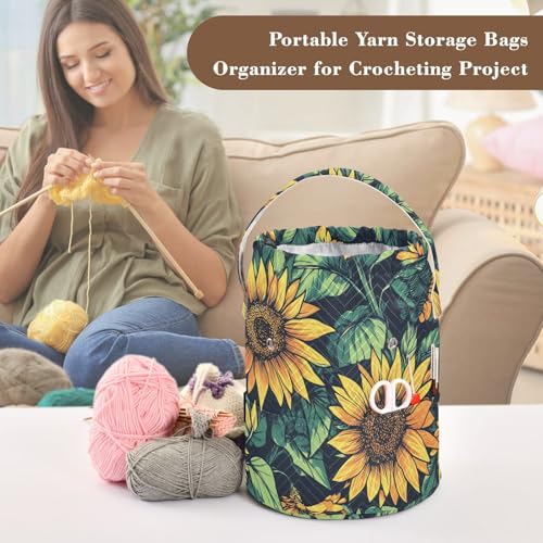 Fustylead Retro Vibrant Yellow Sunflower Large Yarn Storage Tote Basket, Knitting Crochet Drawstring Organizer Bag for Crocheting Project, Yarn Balls, Needles Accessories - color: Blue11 Sunflower