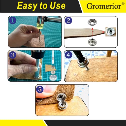 Gromerior Snap Button Kit with Screw Studs, 50 Sets Snaps & 3 Install Tools | 153 Pcs Marine Grade Snap Fastener Tool Kit, 15mm Stainless Steel Snaps for Boat Covers, Tarps, Fabric, DIY Repair & Projects