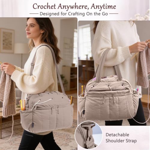 MYBAGZING Stylish Crochet Bag Organizer with Crochet Hook Case, Large Capacity Yarn Bag for Crocheting on the Go, Soft Quilted Crochet Tote with 7 Compartments, Knitting Project Carry-On Travel Gift - color: Grey