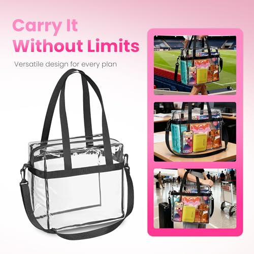 Handy Laundry Clear Bag 12x6x12 Stadium Approved Tote, Zipper Strap | PVC Clear Stadium Tote, Zipper Top, Shoulder Straps, 12x6x12 Meets Tournament Guidelines, for Concerts Work Sports - color: Black