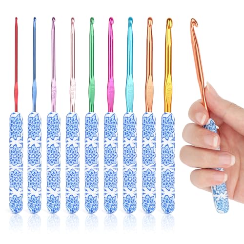 Coopay Warm Crochet Hooks, Ergonomic Crochet Hook Set Soft Grip- Light Blue | 2.0mm-6.0mm Light Blue & White Porcelain Art Handle, Comfort Grip Needles Set for Beginners, Smooth Crochet Needles Set Gift - color: Light Blue & White Porcelain