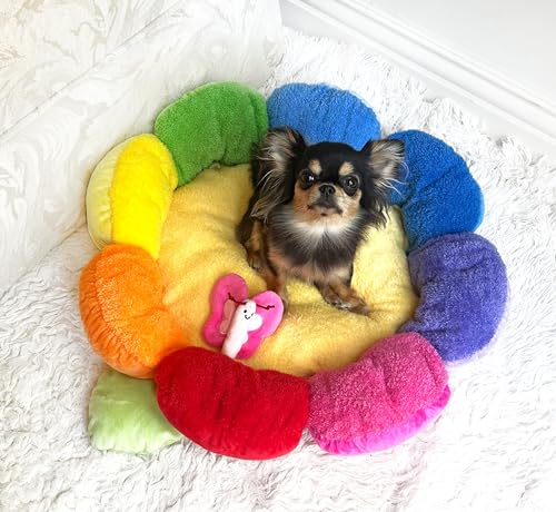 TONBO Soft Plush Small Cute and Cozy Nature Dog Cat Bed, Washer and Dryer Friendly (Rainbow Flower) - color: Rainbow Flower