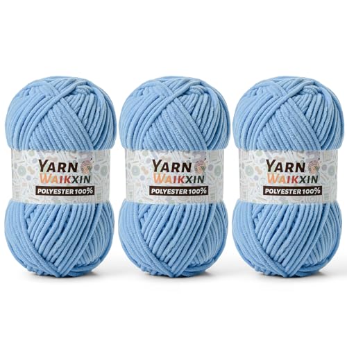 3 Pack Soft Chenille Yarn for Crocheting, Fluffy Chunky Crochet Yarn for Baby Blanket, (5.29oz/196.8yds) Fuzzy Velvet Yarn for Amigurumi&DIY Puzzle、Crafts、Scarf(3 Azure) - color: 3 Azure