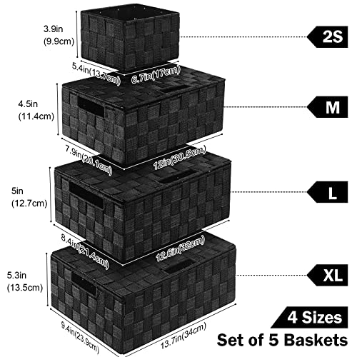 Storage Baskets with Lids: 5 Pack Stackable Woven Storage Bins, Black | Decorative Woven Baskets for Organizing with Built-In Handles for Shelves, Closets, Cabinets and Cubbies, Gift Small Basket - color: Black, size: 5pack with Lids