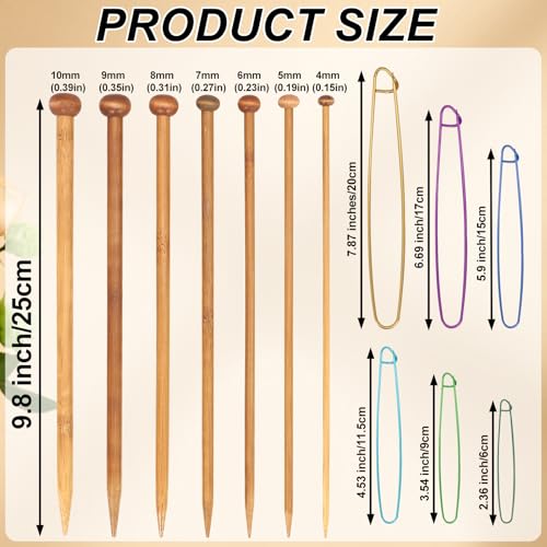 yeloumiss 7 Pairs Bamboo Knitting Needles Set Long Wooden Knitting Needles | Single Point (4-10mm) Bamboo Natural Straight Wood Needle for Beginners Sweater Shawl Scarf