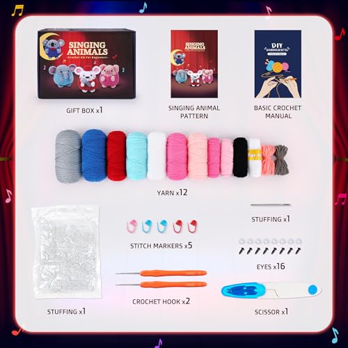 Crochet Kit for Beginners - 4 PCS Crochet Starter Kit With Step-by-Step Video Tutorials, for Adults - Elephant Mouse Pig Koala Microphone Crocheting Set - color: Elephant Mouse Pig Koala