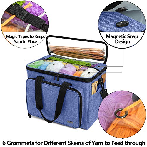Teamoy Knitting Bag, Yarn Storage Organizer Crochet Bag Tote, Dark Blue | Yarn Holder with Inner Divider(Sewn to Bottom) for Crochet Hook, Knitting Needles(Up to 14"), Project and Crocheting Supplies - color: Dark Blue