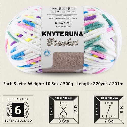 #6 Super Bulky Blanket Yarn for Crocheting - 4 Skeins(Each 10.5oz/300g, 220yds/201m), Chunky Chenille Thick Plush Big Soft Yarn for Crocheting Knitting Blankets, Rainbow & White - color: Tie Dye Rainbow & White