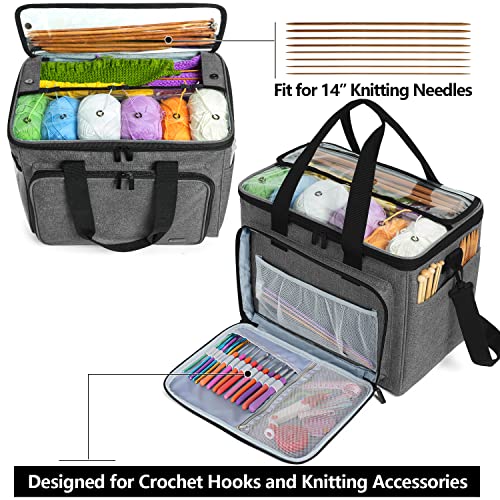 Teamoy Knitting Bag, Yarn Storage Organizer Crochet Bag Tote, Gray | Yarn Holder with Inner Divider(Sewn to Bottom) for Crochet Hook, Knitting Needles(Up to 14"), Project and Crocheting Supplies - color: Gray