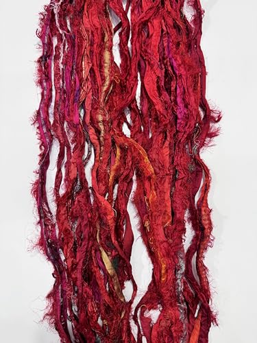 Maker's Craft Recycled Fuzzy Fringes Sari Silk Ribbon Yarn 35yards, 100Grams for DIY Knitting Crocheting Gift Wrapping, Christmas Decoration, Macrame Makers, Jewelry Making, Rugs Hooking (Red) - color: Red