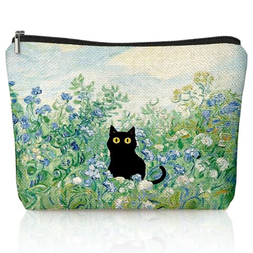 Cute Black Cat Blue Floral Makeup Bag, Kitty Cosmetic Zipper Travel Toiletry Bag for Traveling Women, Cute Black Cat Gifts for Women & Teen Girls, Cats Gifts Lovers - color: 02-Cat(08)-Blue Floral