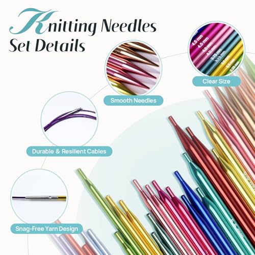 Lewhoo 17 Size Interchangeable Circular Knitting Needles Set 2.2~10.0mm | Aluminum Knitting Needle with 4 Cables ＆ Bag Multicolored-1 - color: Multicolored-1