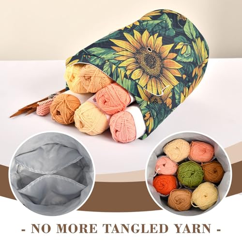Fustylead Retro Vibrant Yellow Sunflower Large Yarn Storage Tote Basket, Knitting Crochet Drawstring Organizer Bag for Crocheting Project, Yarn Balls, Needles Accessories - color: Blue11 Sunflower
