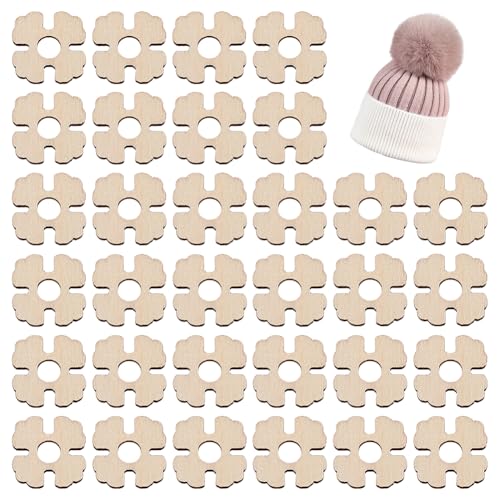 BENECREAT 120Pcs Removable Wooden Pom Pom Buttons, 20x20x3mm Flower Hat Pom Pom Holders Knitted Hat Making Fastener Tool for Knit Beanies and Toques