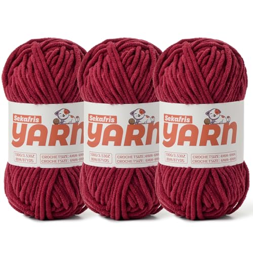 3 Pack Burgundy Chunky Chenille Yarn for Crocheting, Baby Yarn for Crocheting Soft Blanket/Amigurumi, 300g (262yds) Super Bulky Fluffy Velvet Knitting/Crochet Yarn - color: 3 Burgundy