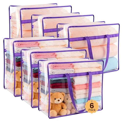 6 Pack 40L Clear Storage Bags with Zipper Large Opening for Loading | Purple Storage Bag for Blankets and Clothes, Large Capacity Closet Organizers and Storage for Dormitory, Bedroom - size: 6 PACK