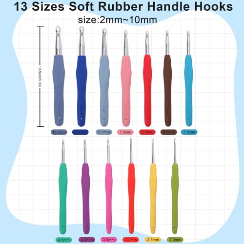 Crochetbox Crochet Hooks Set, 13 Size 2mm(B)-10mm(P) Ergonomic Handles Crochet Hooks with Case for Arthritic Hands, Kintting Needle with Crocheting Tool for Crocheters - size: 13 Size(2~10mm)