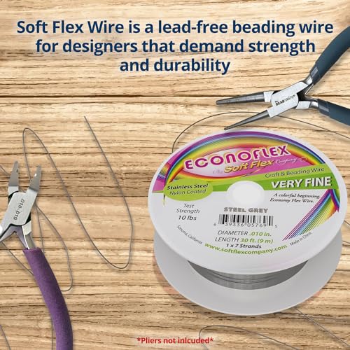 Soft Flex Econoflex Crafting Wire 7-Strand Very Fine (.010) 30 Feet - Stainless Steel Beading Wire for Beginners - style: Steel Grey