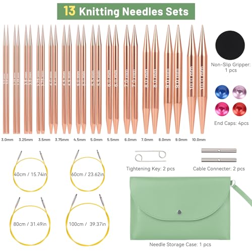 Aeelike 13 Pairs Interchangeable Knitting Circular Needles 3-10.0mm, Green | Aluminum Interchangeable Knitting Needles with 4 Cables, Smooth Complete Needles Set for Socks Blankets Sweaters, Ideal Gift - color: Green