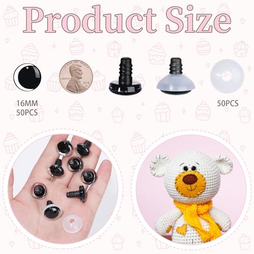 MUCUNNIA 100PCS 16mm Moon Safety Eyes for Crocheting with Washers Clear Safety Eyes for Amigurumi 3D Moon Crochet Eyes Doll Eyes for Animals Teddy Bear Crochet Toy Christmas Decorations - size: 16mm