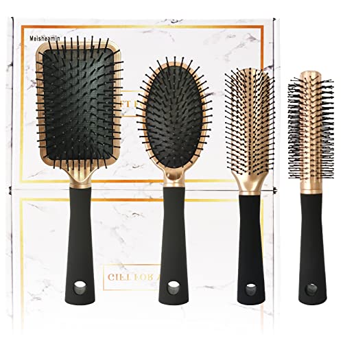4 Pcs Hair Brush Set,Professional Styling Hair Brush for Men Women,Flexible Soft Pin Bristles for Long Thick Curly Wavy Dry Damaged Hair - color: Gold