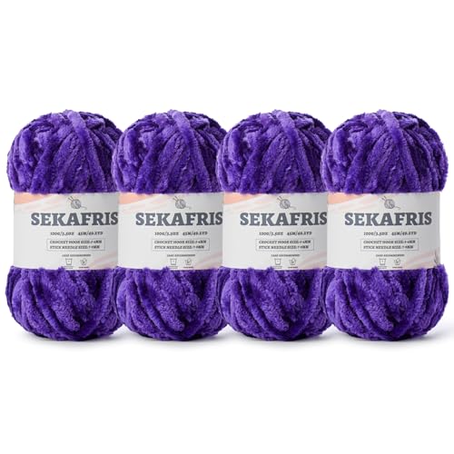 Chenille Velvet Soft Yarn Dewberry 4 Pack | 400g/196.8yds Fuzzy Chunky Chenille Yarn for Crocheting Plush Yarn for Hand Knitting Amigurumi Fluffy Yarn - color: 4 Dewberry