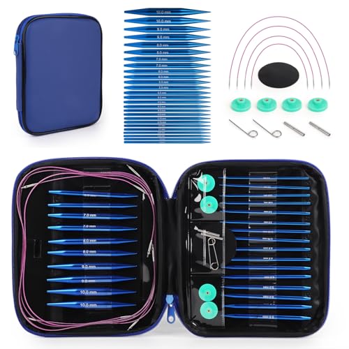Interchangeable Circular Knitting Needles Set, 13 Pairs (26pcs) Aluminum Knitting Needles Kit, Sizes 3.0mm-10.0mm, Knitting Needle Case & Accessories, for Knitting Projects, Beginners & Advanced - color: Blue