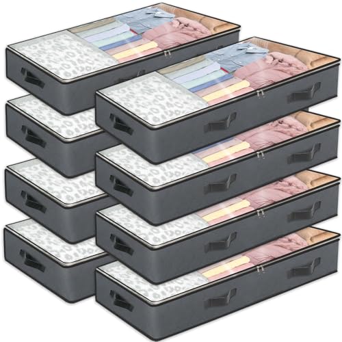 BiCINE 8 Pack Under Bed Storage, 90L Foldable Closet Containers Organizers | Under Bed Storage Bins, Underbed Storage Bags for Wrapping Paper, Blanket, Towels, Clothes, Comforter, Sweaters, Linen Sheet - color: Grey-8Pack